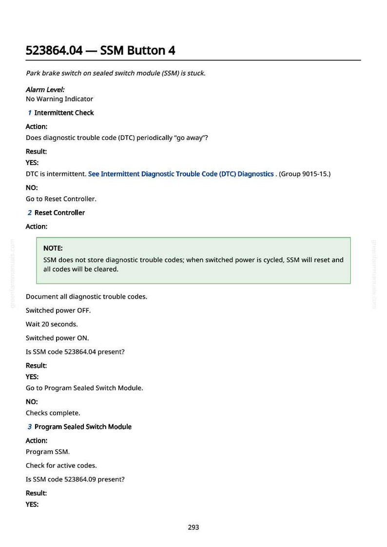May include: A white document with black text detailing diagnostic procedures for a sealed switch module (SSM). The document includes instructions for intermittent checks, reset controller actions, and programming the SSM. The page number 293 is visible.