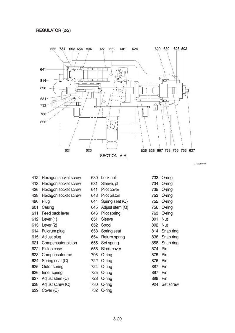 K&ouml;nnte beinhalten: Detaillierte technische Zeichnung eines Reglers mit Komponenten wie Schrauben, Federn und Kolben. Die Schwarz-Wei&szlig;-Illustration enth&auml;lt eine detaillierte Teileliste mit Bezeichnungen.