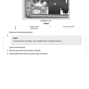 May include: Diagram of a mechanical component with labels A, B, and C. Text includes instructions for disconnecting the wiring connector, loosening clamps, removing cap screws and heater valve, and installing a replacement valve.