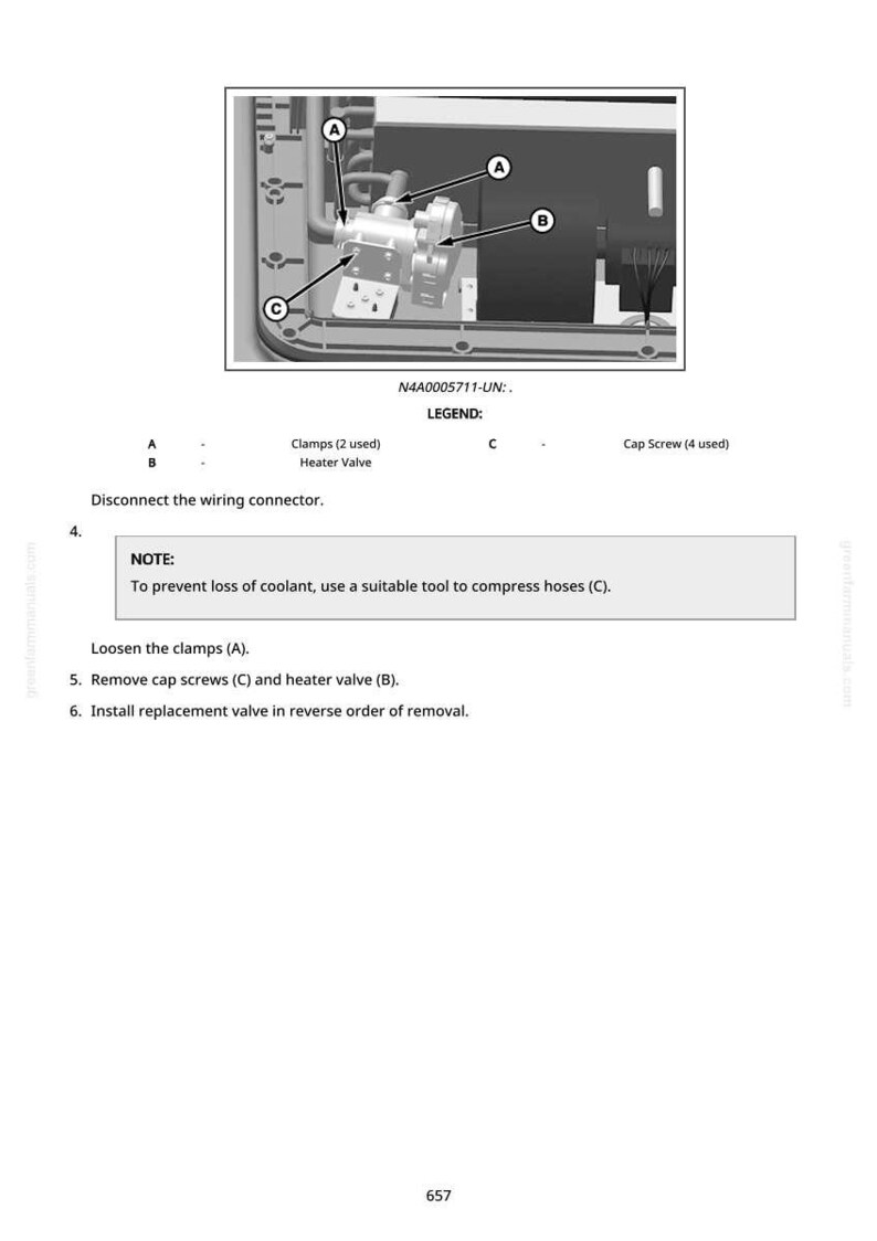 May include: Diagram of a mechanical component with labels A, B, and C. Text includes instructions for disconnecting the wiring connector, loosening clamps, removing cap screws and heater valve, and installing a replacement valve.