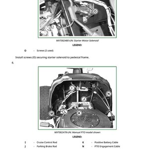Pu&ograve; includere: Schema di un motore di tosaerba con etichette per il solenoide del motorino di avviamento, l'asta del cruise control, l'asta del freno di stazionamento e altri componenti. Testo: Installare le viti (O) che fissano il solenoide del motorino di avviamento.