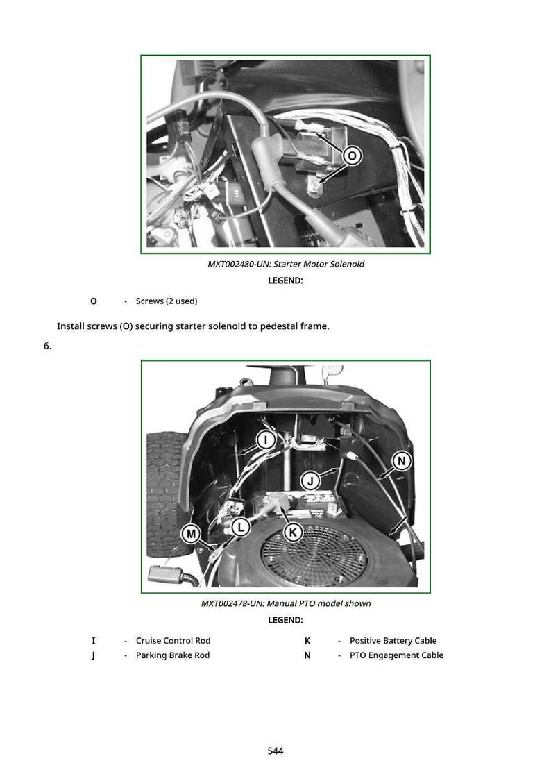 Pu&ograve; includere: Schema di un motore di tosaerba con etichette per il solenoide del motorino di avviamento, l'asta del cruise control, l'asta del freno di stazionamento e altri componenti. Testo: Installare le viti (O) che fissano il solenoide del motorino di avviamento.
