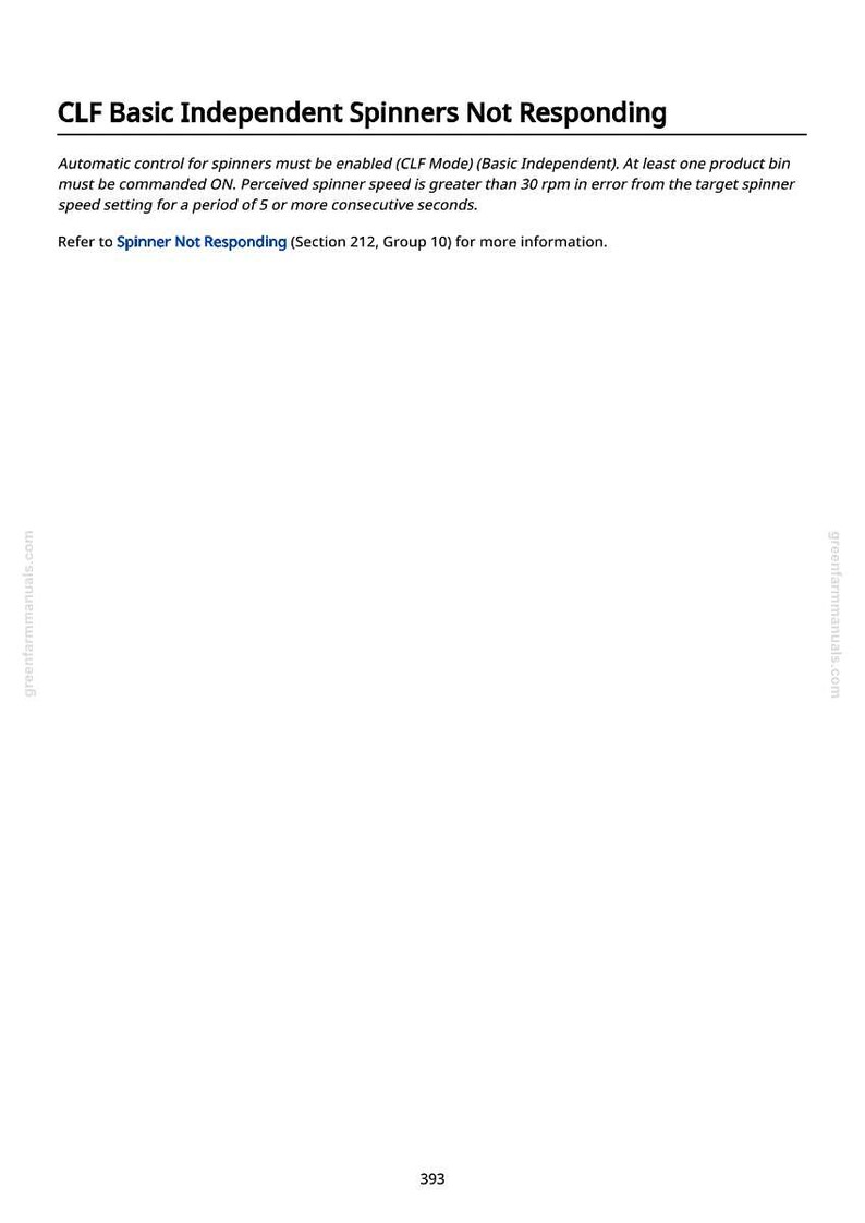 Puede incluir: Una p&aacute;gina blanca de un manual con el t&iacute;tulo "CLF Basic Independent Spinners Not Responding". El texto explica la configuraci&oacute;n de control de los spinners y las condiciones de error. La p&aacute;gina incluye una referencia a "Spinner Not Responding" y el n&uacute;mero 393.