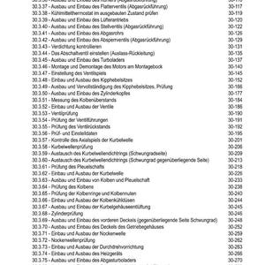 May include: A detailed table of contents from a technical manual, listing various engine component procedures. The text is in German, with entries like "Cylinder Head Removal" and "Valve Inspection," alongside page numbers.