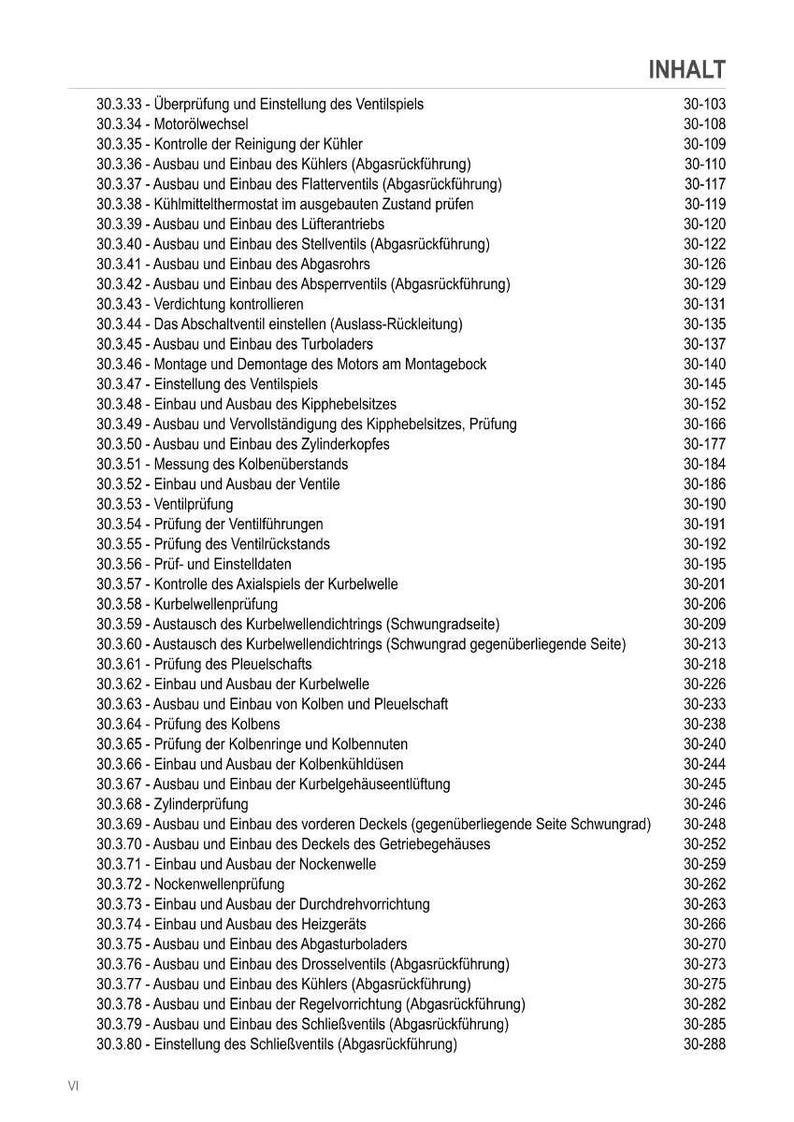 May include: A detailed table of contents from a technical manual, listing various engine component procedures. The text is in German, with entries like "Cylinder Head Removal" and "Valve Inspection," alongside page numbers.