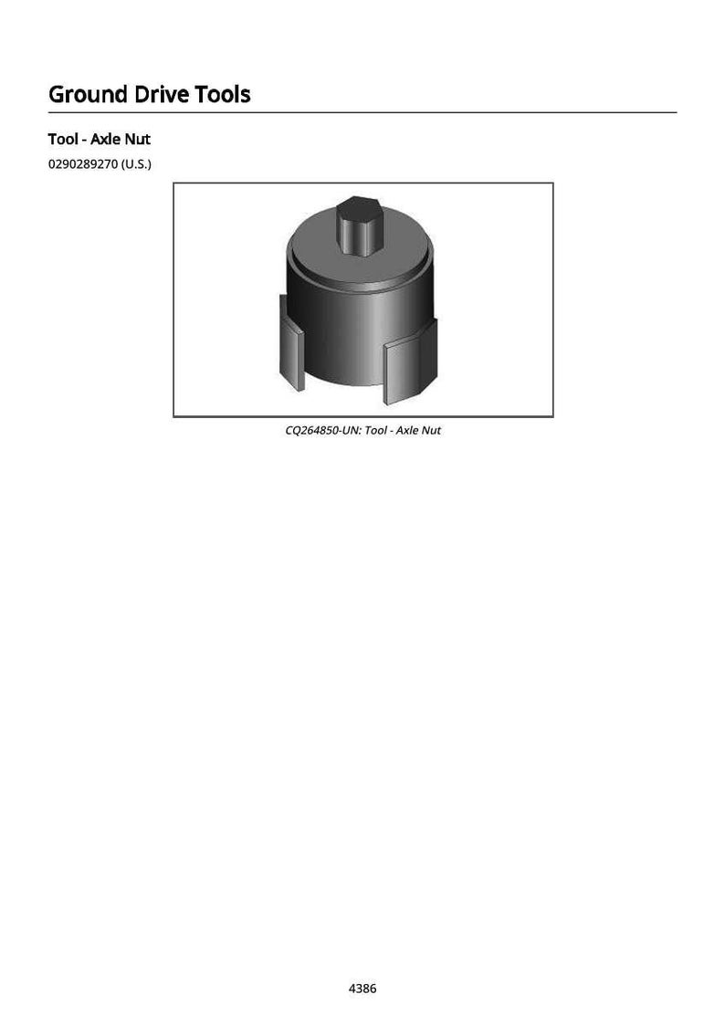 Pu&ograve; includere: Un utensile per dadi per assali in scala di grigi. L'utensile ha un corpo cilindrico con una parte superiore esagonale e due estensioni rettangolari. Il testo "Ground Drive Tools" e "Tool - Axle Nut" sono visibili.