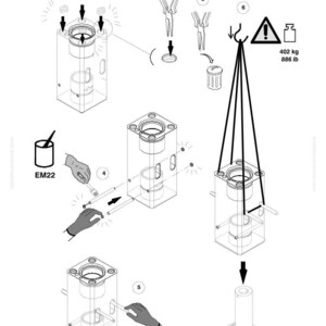 May include: Technical diagram with multiple views of a mechanical component assembly. Includes diagrams with labels, arrows, and a warning symbol indicating a weight of 886 lb. The diagram also includes the text "KOMATSU 2022 rev 06".