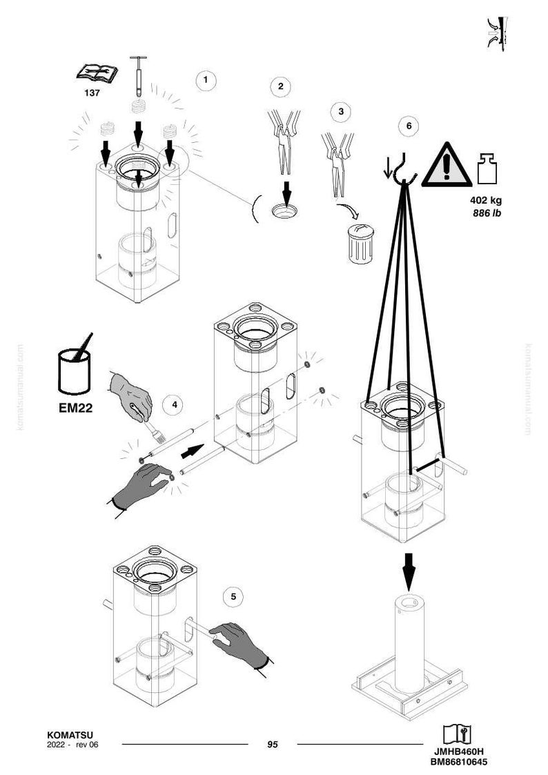 May include: Technical diagram with multiple views of a mechanical component assembly. Includes diagrams with labels, arrows, and a warning symbol indicating a weight of 886 lb. The diagram also includes the text "KOMATSU 2022 rev 06".