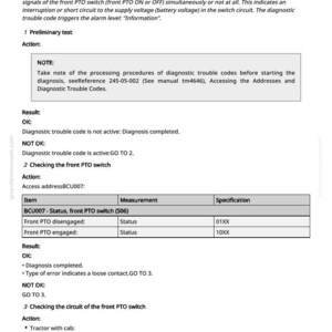 May include: A manual page detailing diagnostic procedures for a front PTO switch error, code BCU 001893.07. The text includes troubleshooting steps, results, and specifications for the switch.