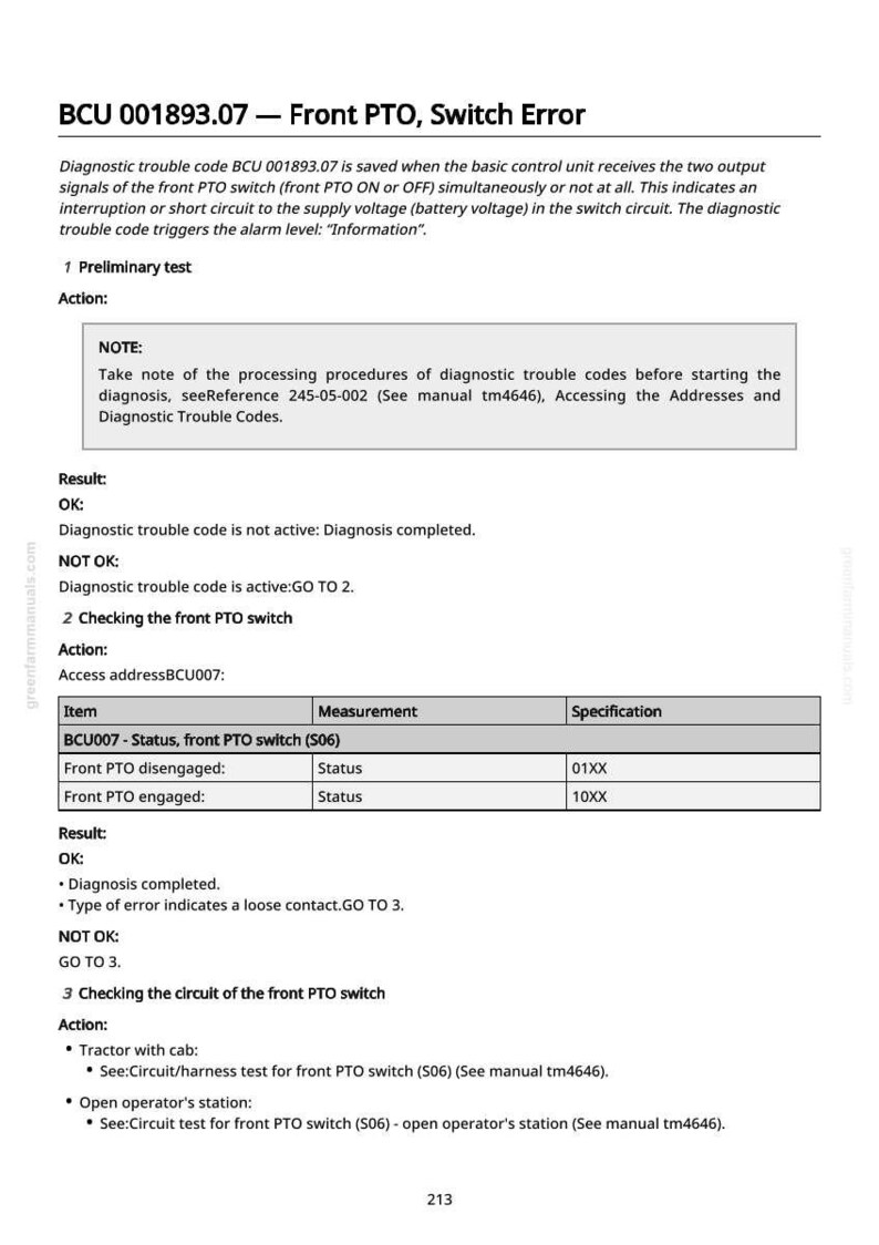 May include: A manual page detailing diagnostic procedures for a front PTO switch error, code BCU 001893.07. The text includes troubleshooting steps, results, and specifications for the switch.