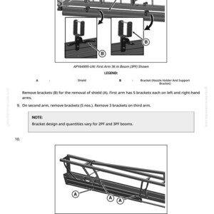 May include: Diagram of agricultural equipment components, including a first arm 36 m boom and breakaway section. The image shows brackets, shields, and locknuts, with labels for each part. Text provides instructions for removing brackets.