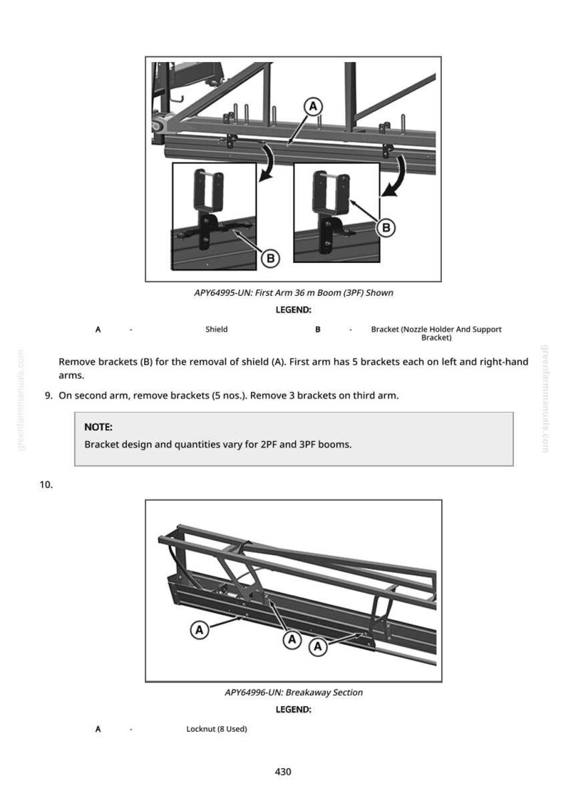 May include: Diagram of agricultural equipment components, including a first arm 36 m boom and breakaway section. The image shows brackets, shields, and locknuts, with labels for each part. Text provides instructions for removing brackets.
