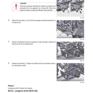 Może przedstawiać: Schemat techniczny z instrukcjami dotyczącymi demontażu wspornika akumulatora-zbiornika. Obraz zawiera szczeg&oacute;łowe ilustracje procesu, z ponumerowanymi krokami i etykietami komponent&oacute;w. Tekst w języku francuskim zawiera ostrzeżenia dotyczące bezpieczeństwa i wskaz&oacute;wki dotyczące procedury.