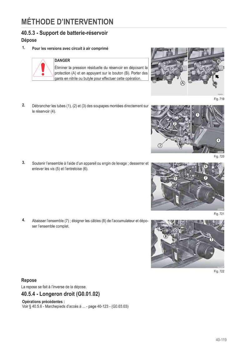 Może przedstawiać: Schemat techniczny z instrukcjami dotyczącymi demontażu wspornika akumulatora-zbiornika. Obraz zawiera szczeg&oacute;łowe ilustracje procesu, z ponumerowanymi krokami i etykietami komponent&oacute;w. Tekst w języku francuskim zawiera ostrzeżenia dotyczące bezpieczeństwa i wskaz&oacute;wki dotyczące procedury.