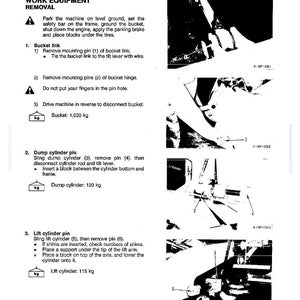 May include: A page from a manual detailing work equipment removal. The text includes instructions for removing bucket links, dump cylinder pins, and lift cylinder pins. Diagrams and weight measurements in kilograms are also included.