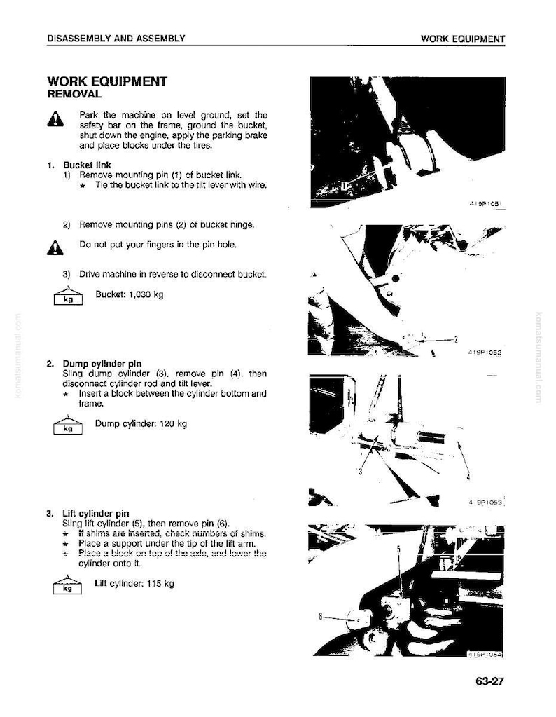 May include: A page from a manual detailing work equipment removal. The text includes instructions for removing bucket links, dump cylinder pins, and lift cylinder pins. Diagrams and weight measurements in kilograms are also included.