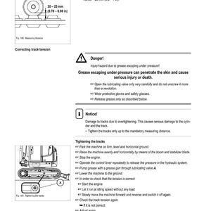 May include: A maintenance manual page with diagrams and instructions for a Wacker Neuson machine. The page includes warnings about grease under pressure and instructions for tightening tracks, with measurements of 20-25 mm (0.78-0.98 in).