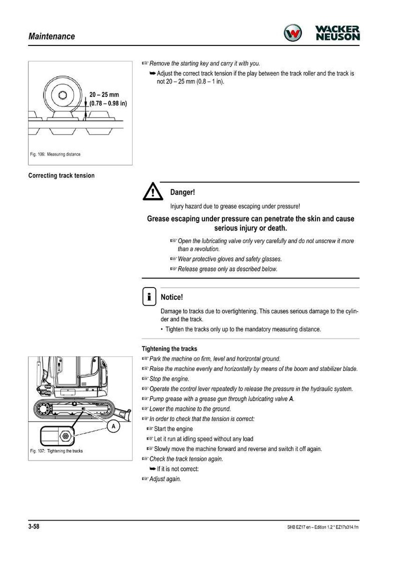 May include: A maintenance manual page with diagrams and instructions for a Wacker Neuson machine. The page includes warnings about grease under pressure and instructions for tightening tracks, with measurements of 20-25 mm (0.78-0.98 in).