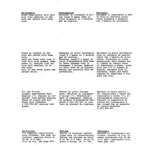 Pu&ograve; includere: Una pagina di manuale con istruzioni di montaggio in inglese, francese e italiano. Il testo descrive l'assemblaggio di componenti meccanici, con schemi e riferimenti.