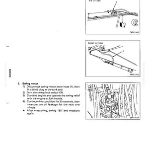 Op de afbeelding: Technische diagram met procedures voor het meten van olielekkage. Bevat gedetailleerde tekeningen van arm- en bakcilinders en een zwenkmotor. Tekstinstructies worden gegeven voor het proces, met labels en onderdeelnummers.