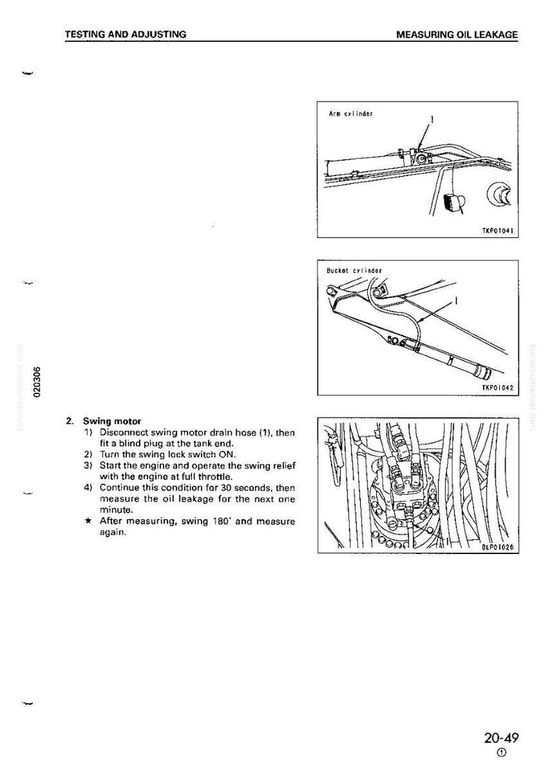 Op de afbeelding: Technische diagram met procedures voor het meten van olielekkage. Bevat gedetailleerde tekeningen van arm- en bakcilinders en een zwenkmotor. Tekstinstructies worden gegeven voor het proces, met labels en onderdeelnummers.