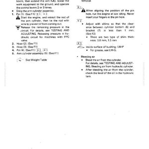 May include: A technical diagram detailing the removal and installation of an arm cylinder assembly. The text provides step-by-step instructions, part numbers, and safety advice. The diagram is in black and white.