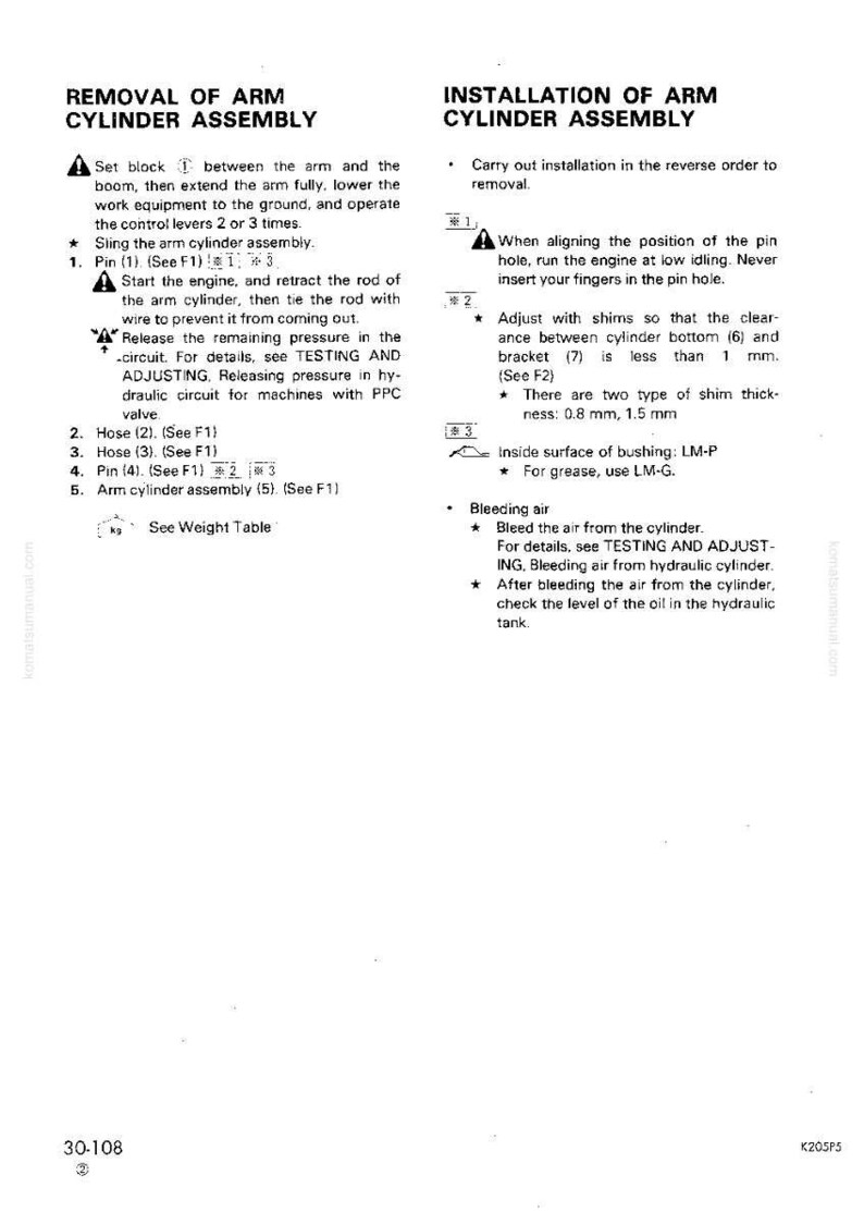May include: A technical diagram detailing the removal and installation of an arm cylinder assembly. The text provides step-by-step instructions, part numbers, and safety advice. The diagram is in black and white.