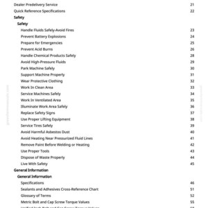 May include: A white page from a manual, titled "Table of Contents". It lists safety topics such as "Handle Fluids Safely" and "Prevent Battery Explosions". Other sections include "General Information" and "Engine".