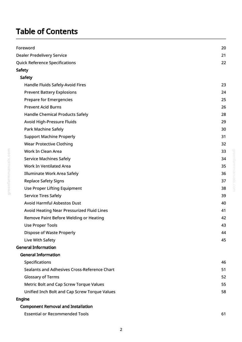 May include: A white page from a manual, titled "Table of Contents". It lists safety topics such as "Handle Fluids Safely" and "Prevent Battery Explosions". Other sections include "General Information" and "Engine".