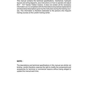 May include: A white manual with black text detailing technical specifications, diagrams, and instructions for 60 F-70 F Series Trekker tractors. The manual includes a preface and a note about modifications.