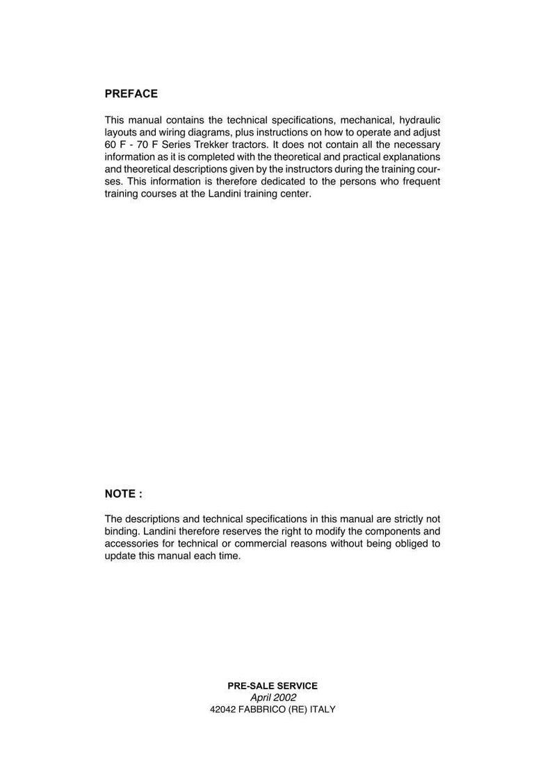 May include: A white manual with black text detailing technical specifications, diagrams, and instructions for 60 F-70 F Series Trekker tractors. The manual includes a preface and a note about modifications.