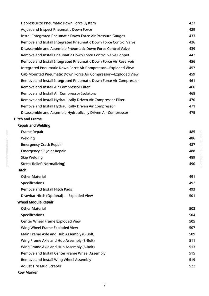 May include: A detailed list of procedures and components, including "Depressurize Pneumatic Down Force System" and "Wing Wheel Frame Exploded View." The text is organized with titles and page numbers, suitable for technical documentation.
