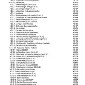 May include: A detailed contents list from a technical manual, detailing automotive parts and their page numbers. Includes sections on differentials, axles, and cabin components.