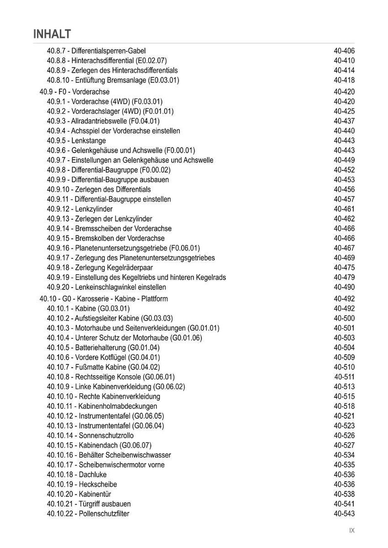 May include: A detailed contents list from a technical manual, detailing automotive parts and their page numbers. Includes sections on differentials, axles, and cabin components.