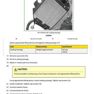 Puede incluir: Diagrama de un paquete de refrigeraci&oacute;n, con un peso aproximado de 63,5 kg. La imagen incluye un aviso de precauci&oacute;n e instrucciones de instalaci&oacute;n, incluyendo la extracci&oacute;n de los tornillos y la conexi&oacute;n de las mangueras. El texto "TX1147331A-UN: Cooling Package" es visible.