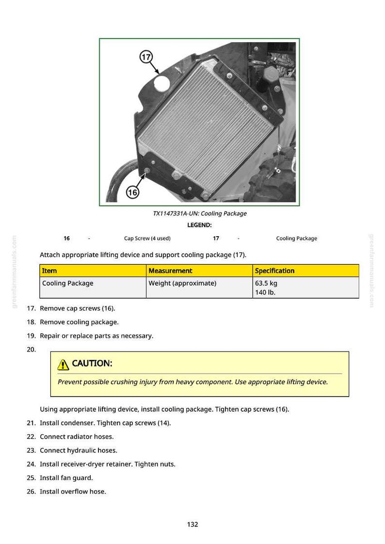 Puede incluir: Diagrama de un paquete de refrigeraci&oacute;n, con un peso aproximado de 63,5 kg. La imagen incluye un aviso de precauci&oacute;n e instrucciones de instalaci&oacute;n, incluyendo la extracci&oacute;n de los tornillos y la conexi&oacute;n de las mangueras. El texto "TX1147331A-UN: Cooling Package" es visible.