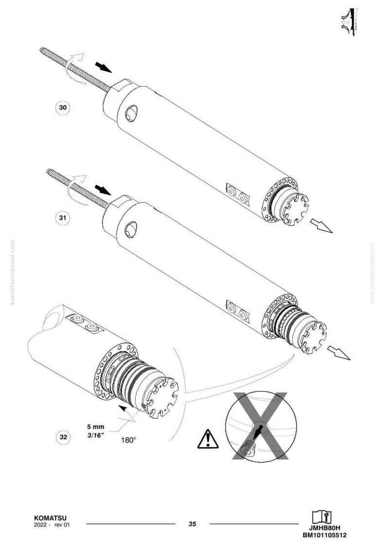 K&ouml;nnte beinhalten: Zeichnung von drei zylindrischen mechanischen Komponenten mit Gewindestangen, Pfeilen und einem Warnsymbol. Das Bild enth&auml;lt Messungen von 5 mm und 3/16 Zoll sowie den Text "KOMATSU 2022 - rev 01".