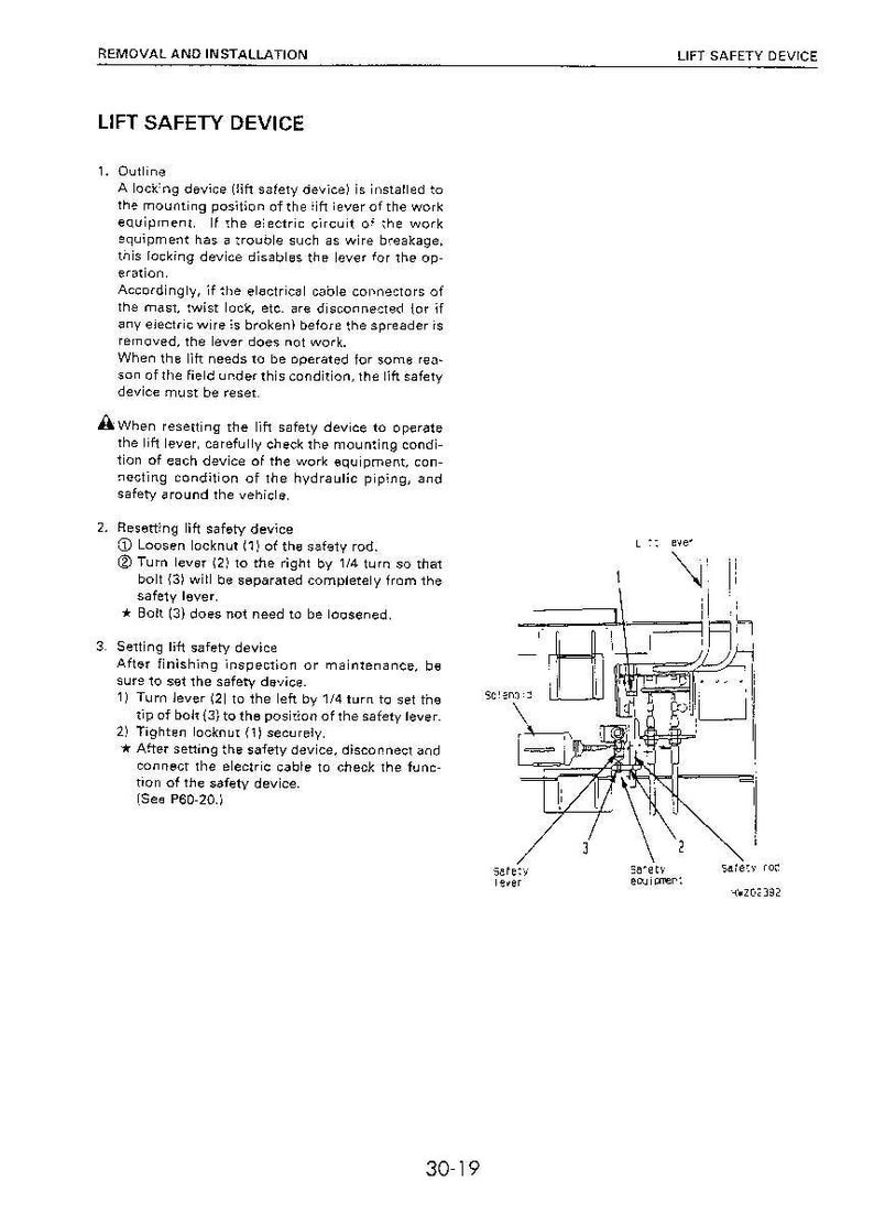 May include: Diagram of a lift safety device with labels and instructions. The image includes a diagram of the device with numbered components and text describing the removal and installation process.