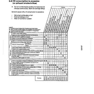 May include: A troubleshooting guide page with a table detailing causes of excessive oil consumption in an engine. The text includes causes like abnormal combustion and external leakage. The table lists potential issues and remedies.