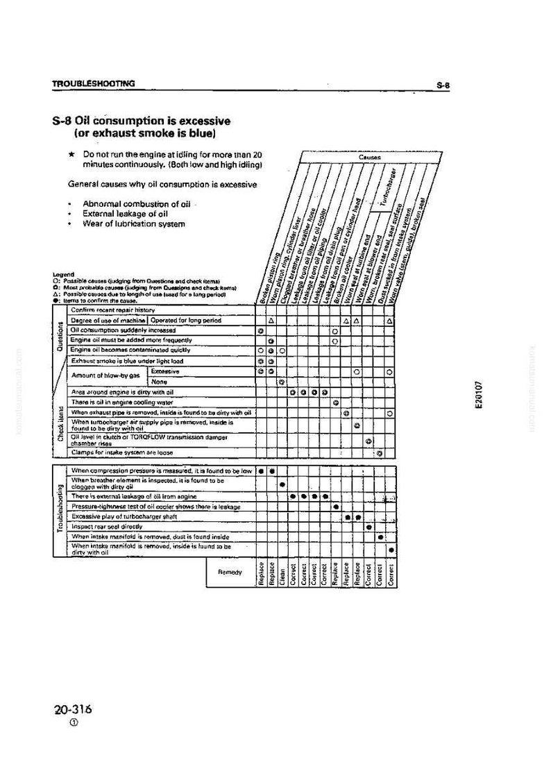 May include: A troubleshooting guide page with a table detailing causes of excessive oil consumption in an engine. The text includes causes like abnormal combustion and external leakage. The table lists potential issues and remedies.