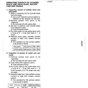 May include: A technical diagram with instructions for inspecting cylinder block and valve plate contact. Includes steps for removing grease, applying paint, and checking contact patterns. Features tables with dimensional data and minimum percentages.