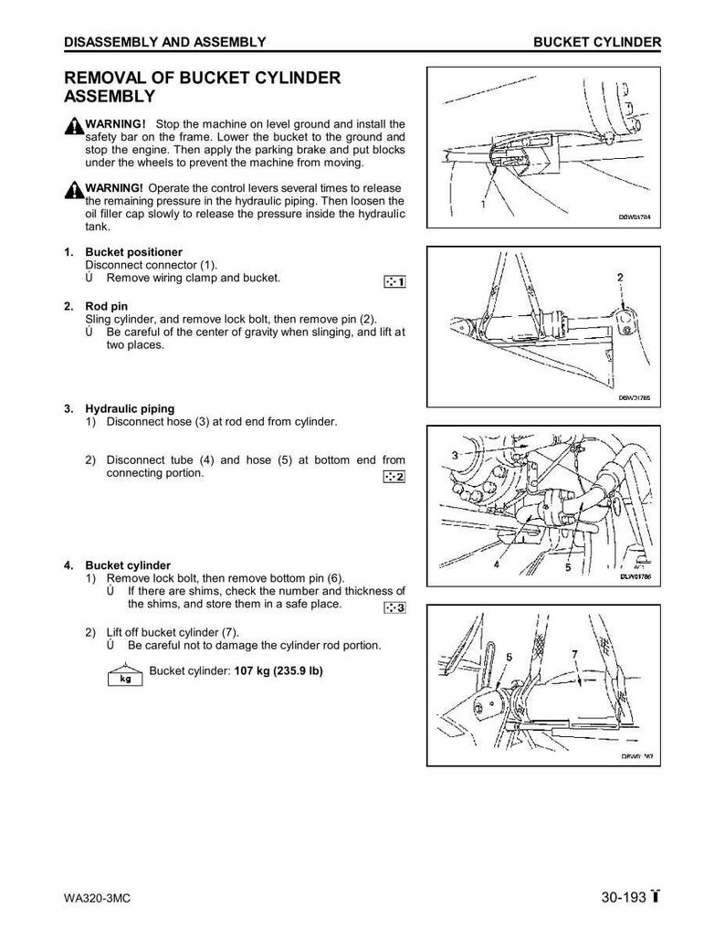 May include: Diagram of bucket cylinder disassembly and assembly instructions. The text includes warnings, step-by-step instructions, and diagrams for removing the bucket cylinder. The bucket cylinder weighs 235.9 lb.