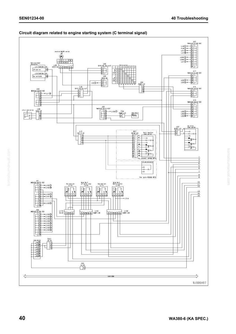 Puede incluir: Un diagrama de circuito detallado relacionado con el sistema de arranque del motor, etiquetado como 'se&ntilde;al de terminal C'. El diagrama es complejo, con numerosas l&iacute;neas, s&iacute;mbolos y anotaciones de texto. El n&uacute;mero de documento es SEN01234-00. Para la soluci&oacute;n de problemas.