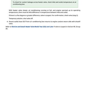 Puede incluir: Una p&aacute;gina de texto con instrucciones para verificar la v&aacute;lvula del calentador de un autom&oacute;vil. El texto incluye pasos para diagnosticar fugas de refrigerante, verificar temperaturas y una soluci&oacute;n temporal. Tambi&eacute;n se menciona un a&ntilde;o de modelo.
