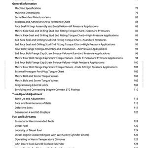 May include: A printed manual page with a table of contents. The page lists various topics, including machine specifications, torque charts, fuel and lubricants, and safety precautions. The page number is 3.