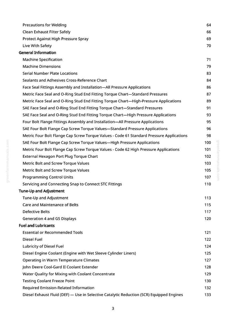 May include: A printed manual page with a table of contents. The page lists various topics, including machine specifications, torque charts, fuel and lubricants, and safety precautions. The page number is 3.
