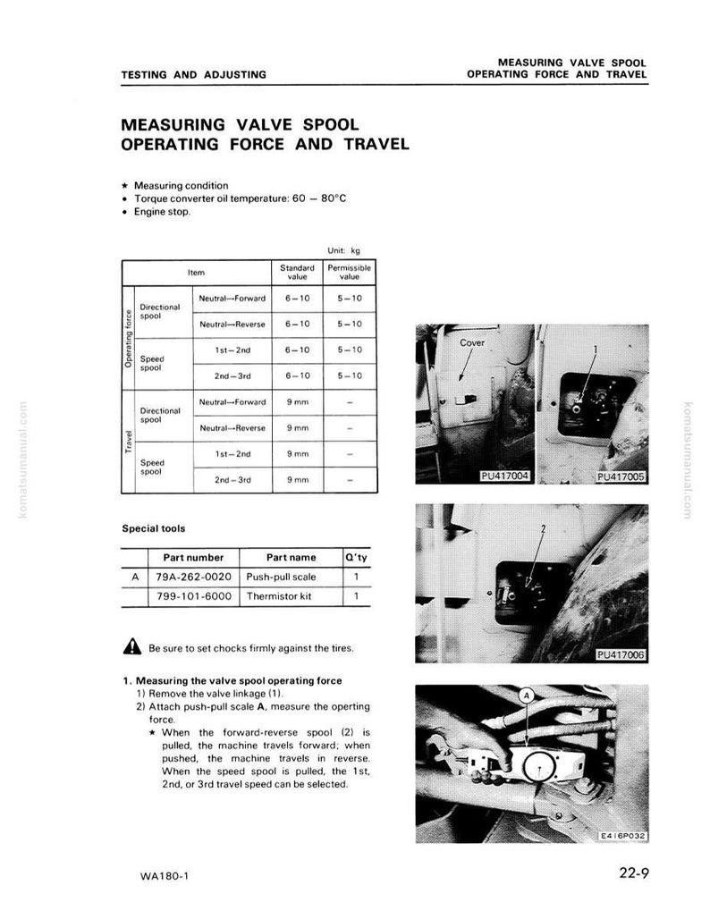 Puede incluir: Un diagrama t&eacute;cnico en blanco y negro titulado "Medici&oacute;n de la fuerza y el recorrido del carrete de la v&aacute;lvula". El diagrama incluye tablas con medidas en kg e im&aacute;genes de componentes de maquinaria. El texto incluye instrucciones y n&uacute;meros de pieza.