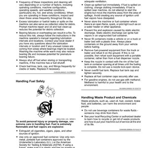 May include: A safety manual page with the heading "Safety". It features bullet points detailing safety instructions and warnings for handling fuel and waste products. Includes illustrations and advice on fuel handling.