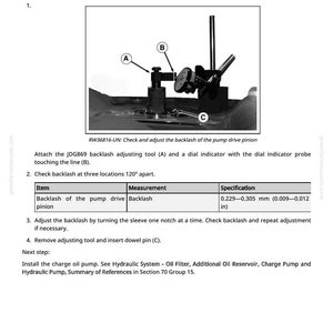 May include: Diagram illustrating the process of checking and adjusting the backlash of a hydraulic pump drive pinion. Includes a dial indicator and adjusting tool, with measurements in inches.