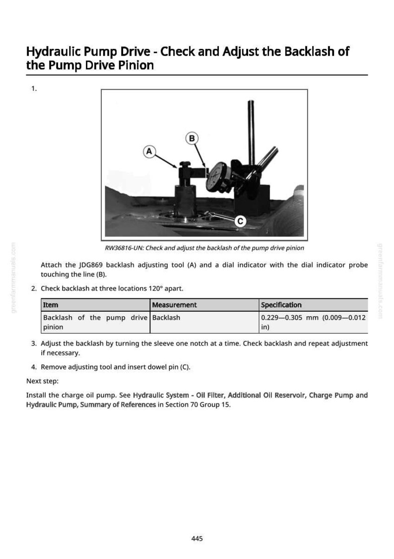 May include: Diagram illustrating the process of checking and adjusting the backlash of a hydraulic pump drive pinion. Includes a dial indicator and adjusting tool, with measurements in inches.
